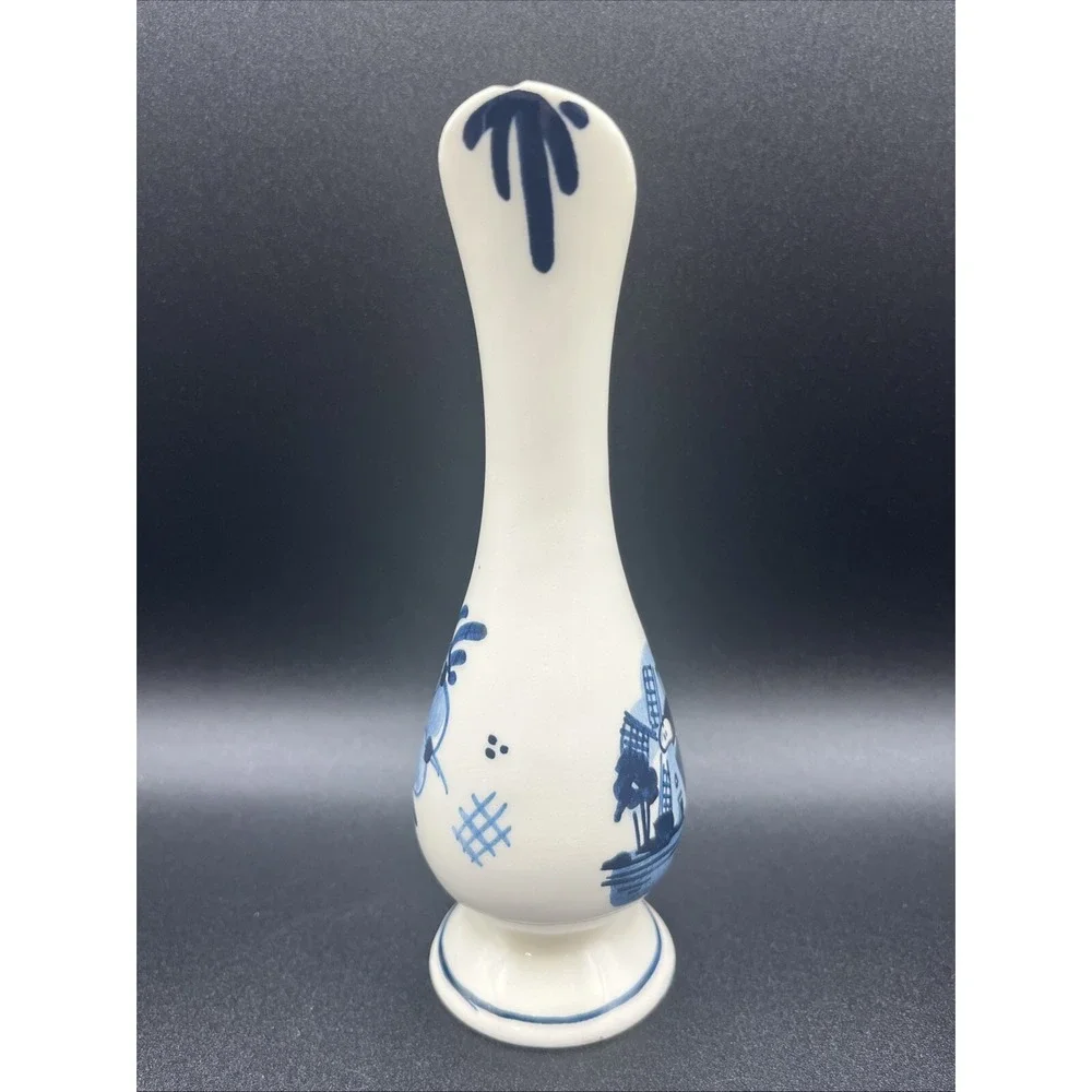 Hand Painted Delft Pitcher Vase Holland Vintage w/ Windmill Design Small‎ As Is